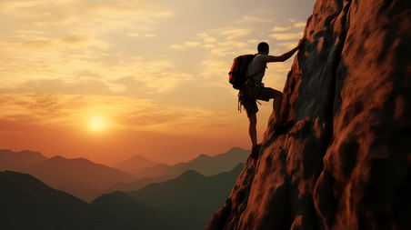潮国创意夕阳中勇敢无畏的攀登者登山爬山