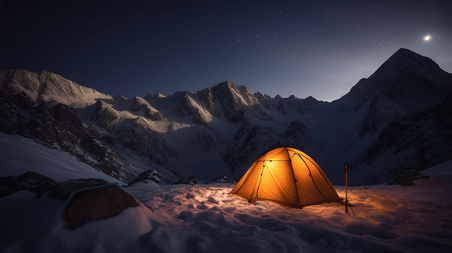 潮国创意夜间在雪山脚下露营搭帐篷1