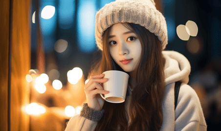 潮国创意冬日里正喝咖啡的女孩休闲冬天保暖人像