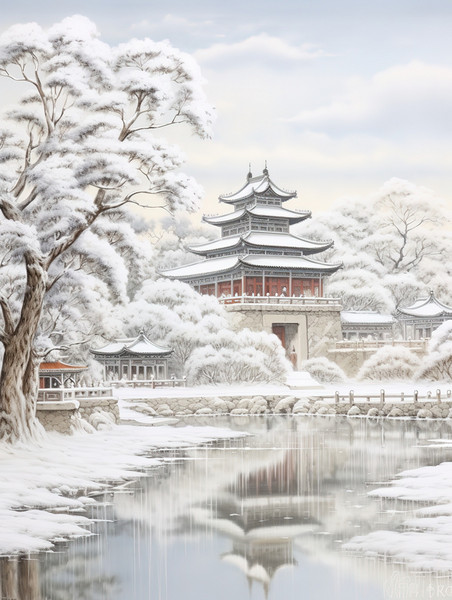 创意冬季中国建筑淡水彩画13古建筑冬天雪景