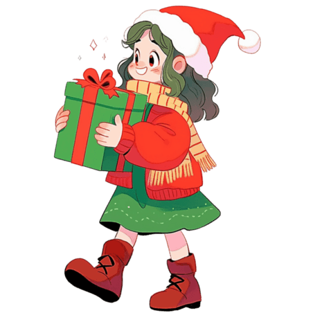 潮国创意卡通手绘圣诞节可爱女孩拿着礼盒元素人物