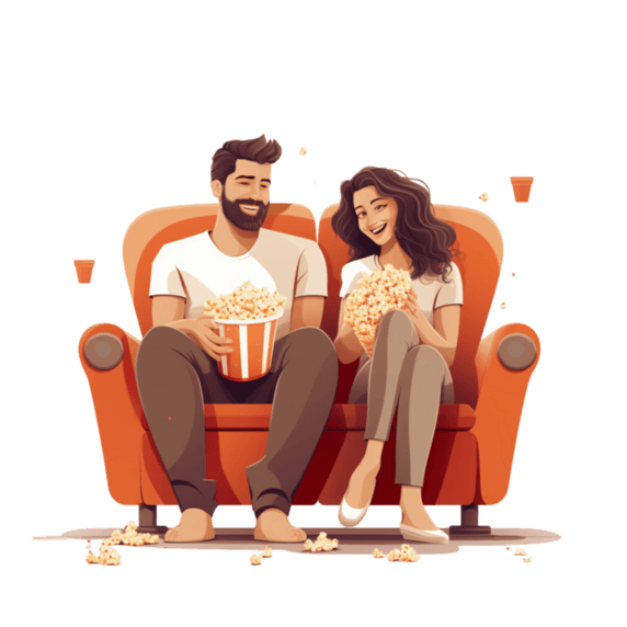 潮国创意男人和女人坐在沙发上吃爆米花