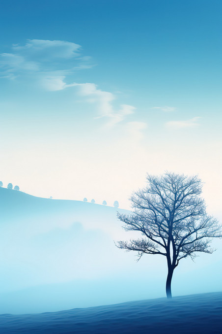 潮国创意浅蓝色雾蒙蒙孤独的树15梦幻植物意境抽象大雾