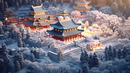 潮国创意等距视图北京城市的冬天3雪景大雪