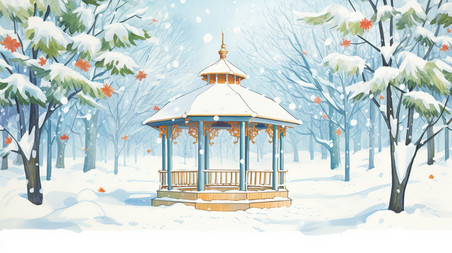 潮国创意冬天大雪中的公园凉亭16冬季雪景树林