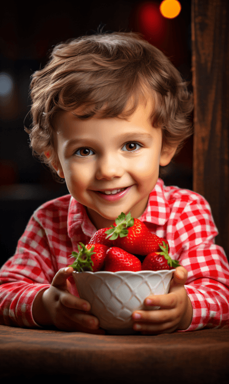 创意拿着草莓水果开心的小男孩欧美儿童人像