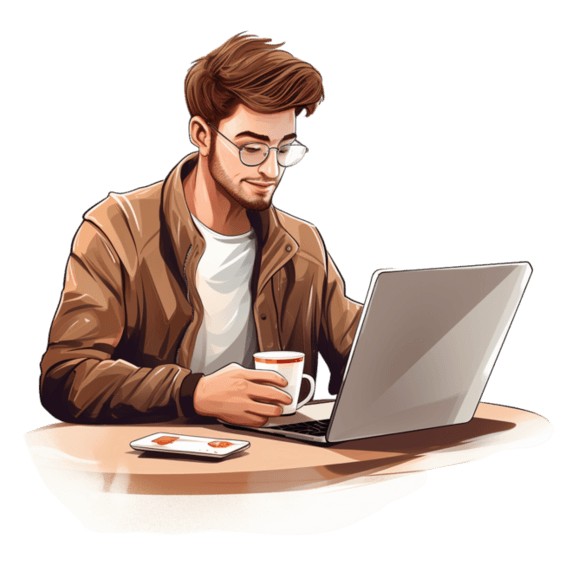 潮国创意在笔记本电脑上工作和喝咖啡的男性白领