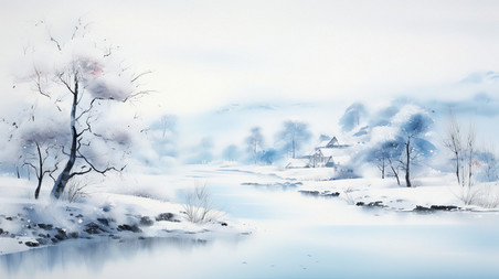 潮国创意宁静的冬季景象水彩画3中国风意境山水冬天雪景