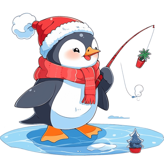 潮国创意手绘元素冬天钓鱼企鹅卡通动物