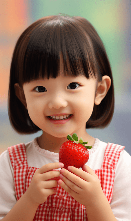 创意拿着草莓开心的小女孩亚洲儿童人像