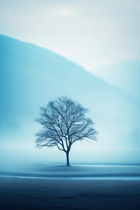 潮国创意浅蓝色雾蒙蒙孤独的树13大雾意境抽象植物风景清冷感冬天