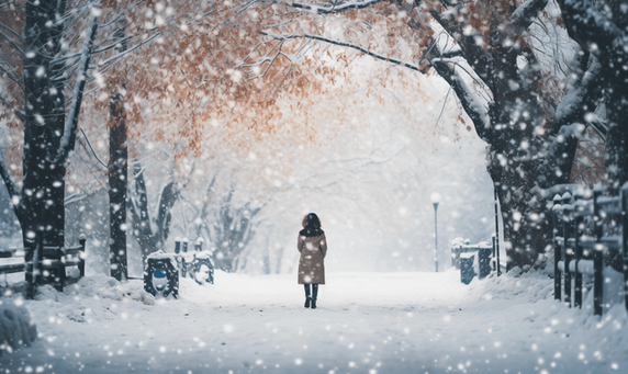 创意冬天冬日雪景雪花下雪大雪孤独的人摄影图
