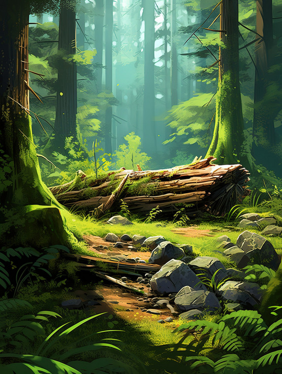 创意绿色神秘森林苔藓12原创插画春天枯木树林
