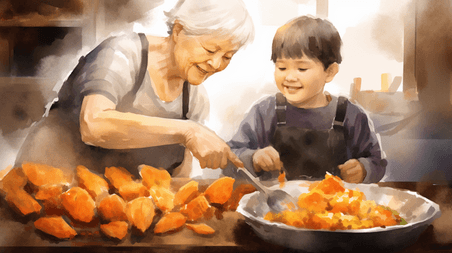创意小朋友和奶奶一起蒸红薯插画12烤地瓜冬天餐饮