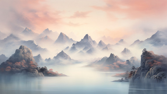 创意柔和的色彩东方山水画中国风水墨意境国画