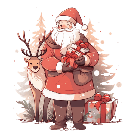 潮国创意圣诞老人小鹿圣诞节松树卡通手绘元素人物