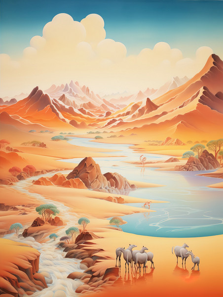 潮国创意丝绸之路山脉行走的骆驼15敦煌沙漠