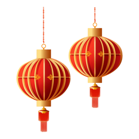 潮国创意春节新年两个鎏金红灯笼免抠元素