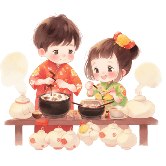 潮国创意卡通新年情侣做糕点手绘元素春节做饭包饺子