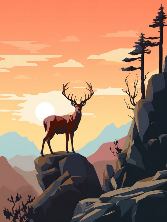 创意一只鹿的剪影插画10美式漫画风扁平动物
