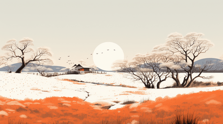 潮国创意橙色冬季雪景插画8冬天中式简约持续