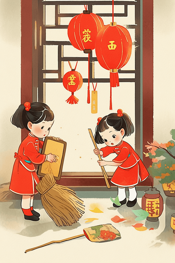 潮国创意孩子扫除古典手绘插画年俗春节过年