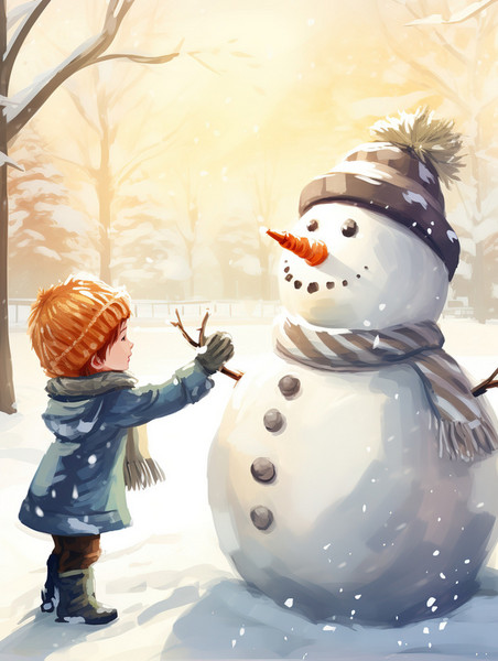潮国创意院子里的雪人和小男孩4冬天堆雪人