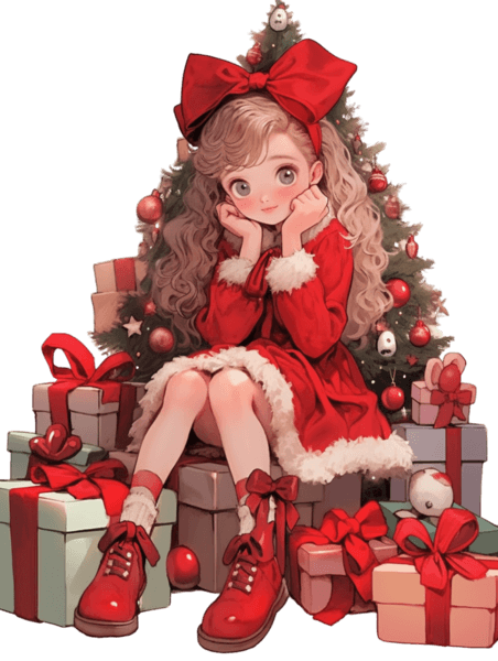 潮国创意冬天圣诞节可爱女孩礼盒手绘元素卡通二次元漫画人物