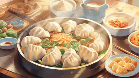 潮国创意丰盛的年夜饭美食插画39饺子