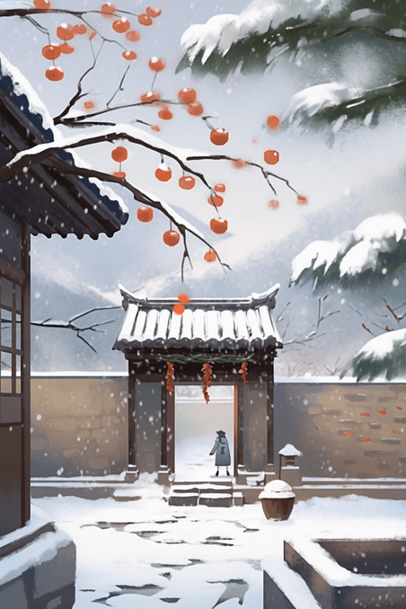 潮国创意插画冬天院内雪景海报手绘中国风庭院