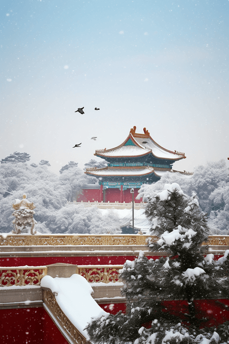 创意冬天雪景故宫松树照片摄影图插画冬天冬季