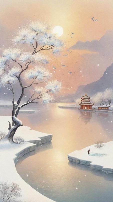 潮国创意肌理磨砂质感夕阳里的冬景雪景14中式意境浪漫