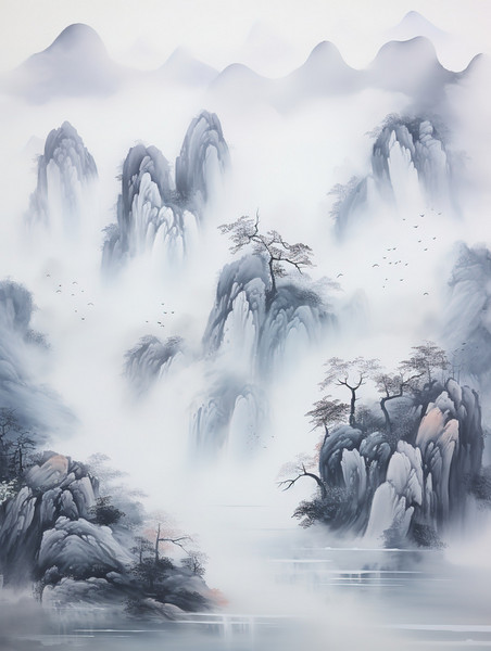 创意云雾弥漫的群山山水画1中国风水墨意境国画