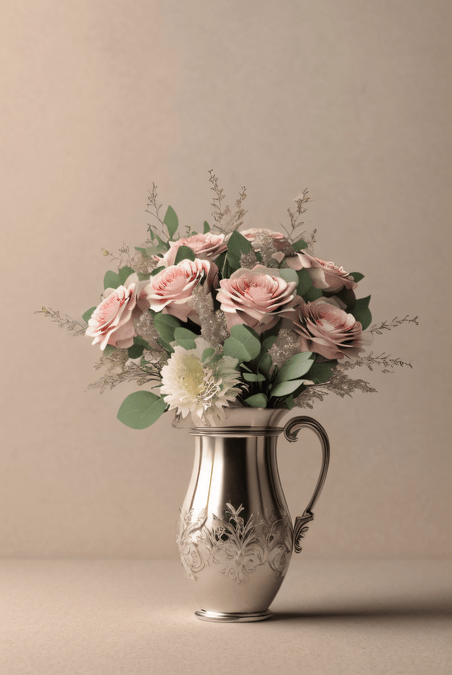 创意金属花瓶里的彩色鲜花插花艺术盆栽