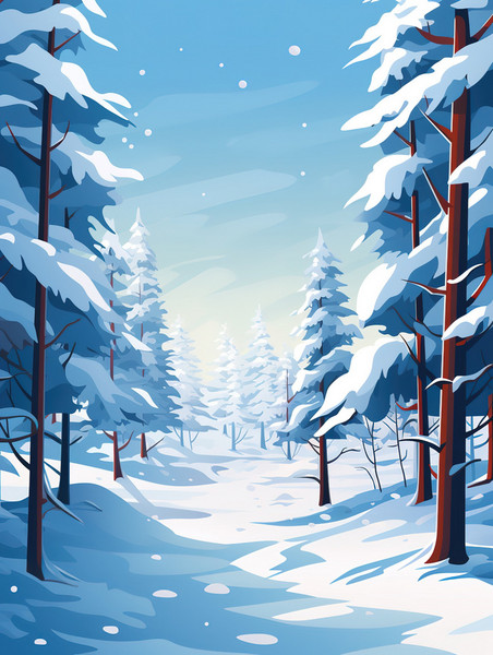 创意冬天松树厚厚的积雪森林冬天冬季卡通雪景雪地
