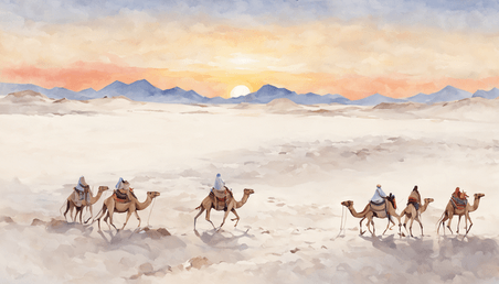 潮国创意沙漠绿洲插画风景白天日出风景骆驼旅行者