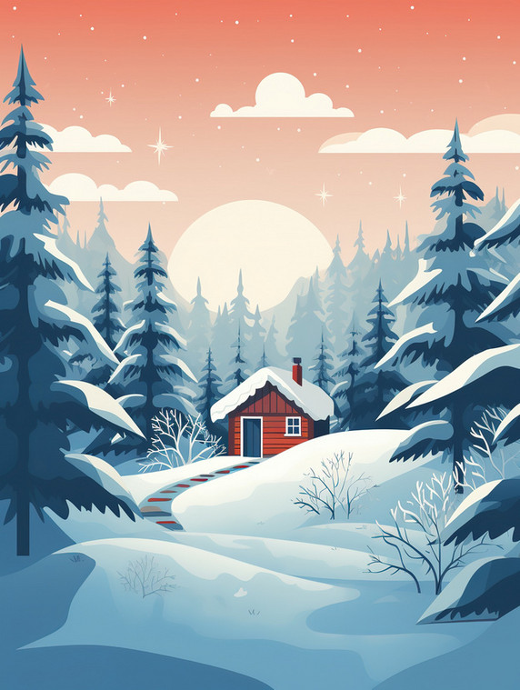 潮国创意白雪包围的冬季小屋4冬天雪地大雪扁平插画