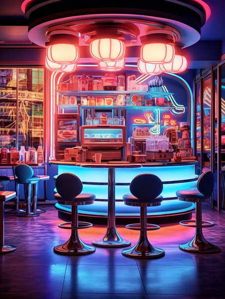 潮国创意霓虹灯下的现代复古风格咖啡馆17