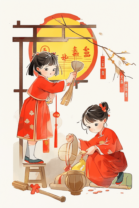 潮国创意孩子扫除古典插画手绘春节年俗