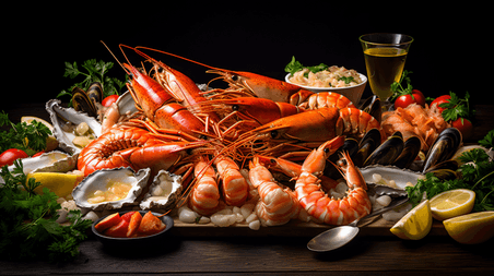 潮国创意餐厅里的海鲜拼盘有虾海鳌虾鲑鱼和螃蟹大餐西餐生鲜