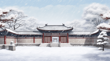 潮国创意中国风冬季古典建筑雪景插画2冬天国潮下雪大雪