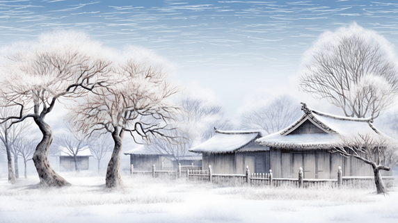 潮国创意中国风冬季古典建筑雪景插画30冬天国潮下雪大雪