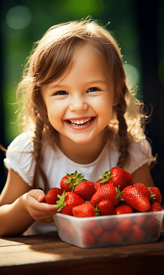 创意拿着草莓开心的小女孩欧美人像儿童