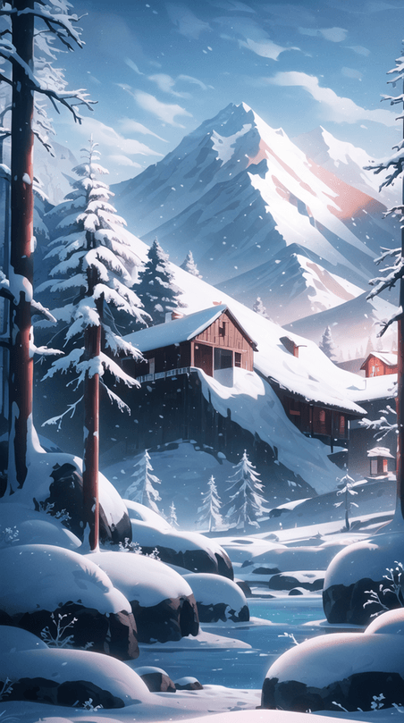 潮国创意冬至雪山下的林间木屋插画冬天雪景