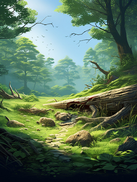 创意绿色神秘森林苔藓5插画春天枯木树林