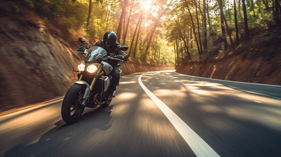 潮国创意骑摩托车的人在蜿蜒的道路上骑着摩托车