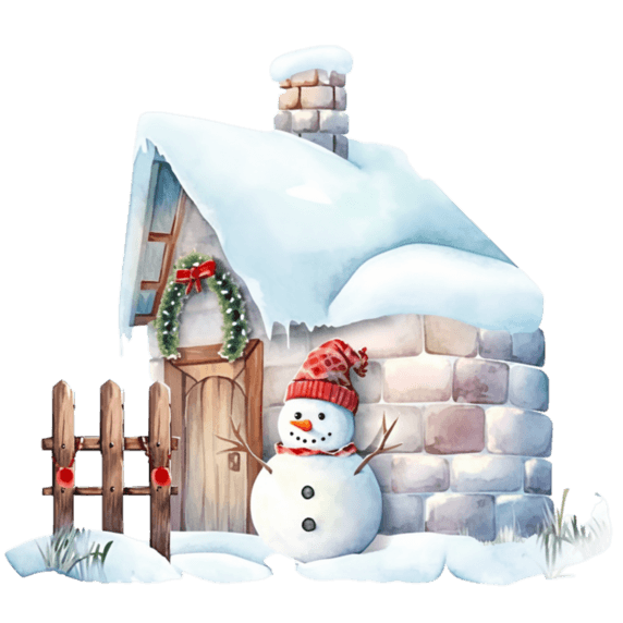 潮国创意冬天雪屋围栏雪人手绘卡通元素