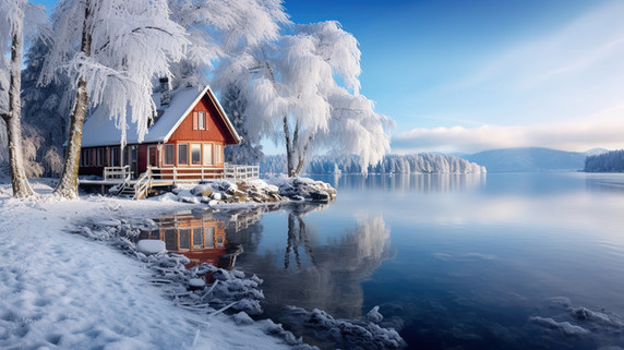 潮国创意冬天雪景湖边的房子19大雪别墅