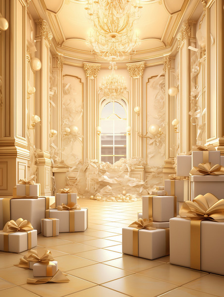 潮国创意金色城堡建筑一堆礼盒11圣诞节元旦新年欧式礼物