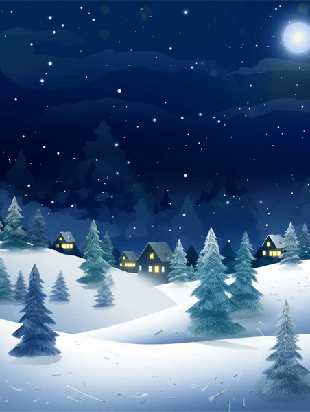 潮国创意雪地上森林小村庄的夜空背景9冬天冬季大雪卡通雪景